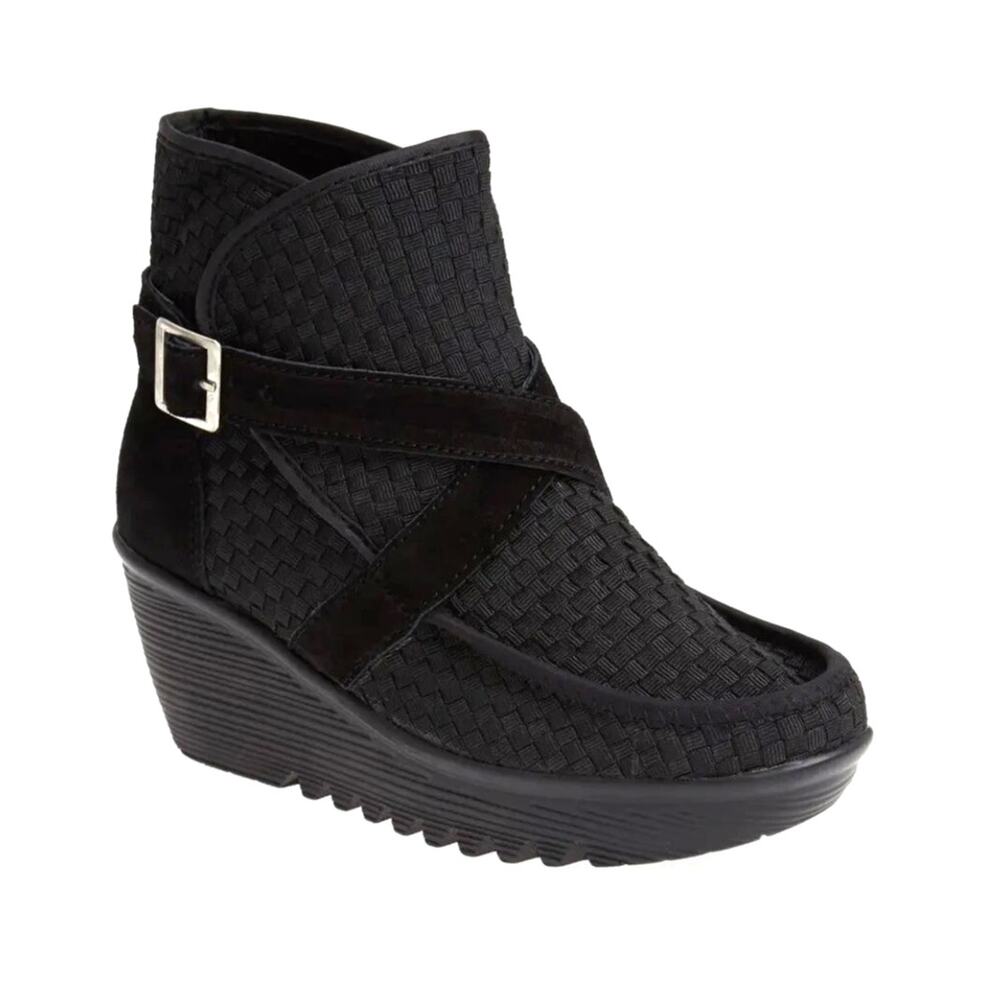 Bernie Mev Villamore Wedge Bootie Women 6/37 Black Woven Comfy Buckle Strap NWOB